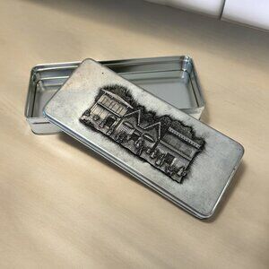 Rectangular Silver Tone Tin Box Container Pewter Village Houses Cover